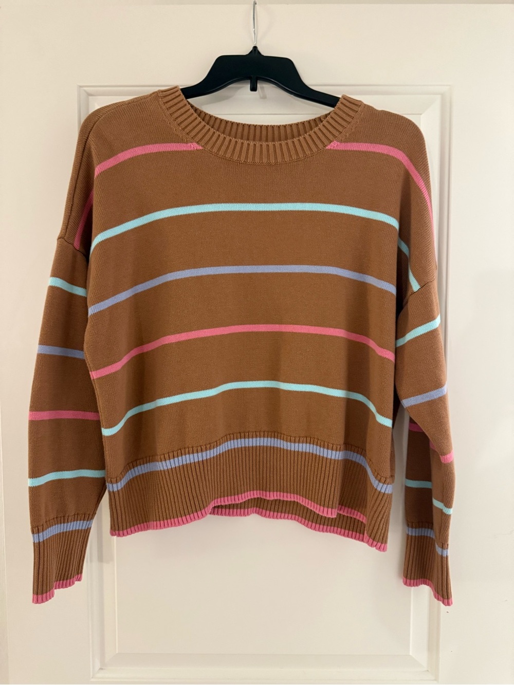 Lands' End Brown Crewneck Sweater with Pink, Blue & Lavender Stripes